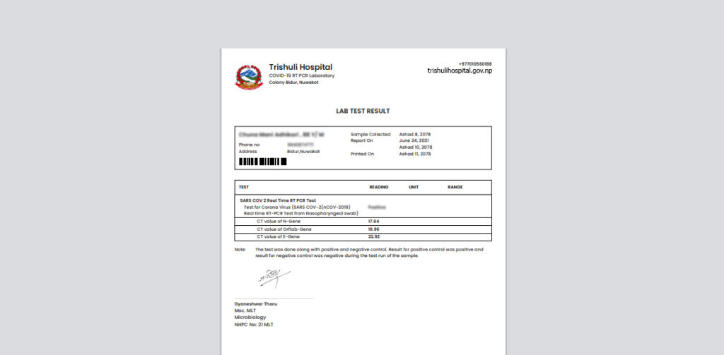 trishuli hospital pcr report online service provided to patient