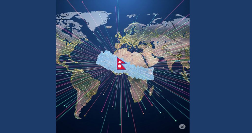 Gemini Generated image data streams spreading from Nepal's map to various parts of the world