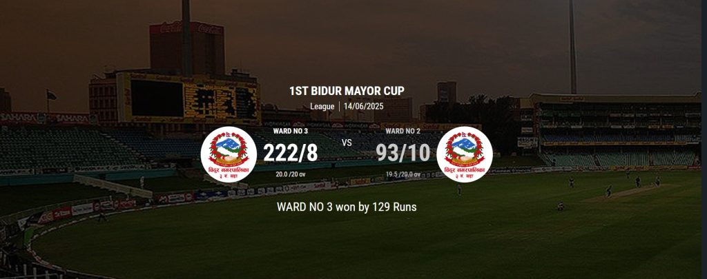 bidur-3 ward wins by 222 run in mayor cup cricket t-20