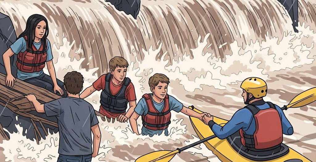 one teenager girl and three teenage boys are trapped in big Falls flood rescued by Kayak