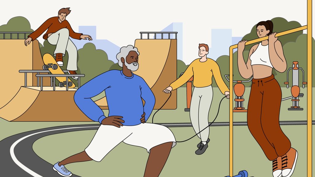 Flat people do fitness in outdoor gym, workout and skate park