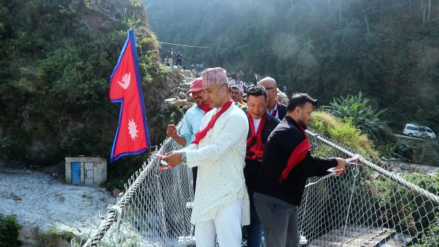 Construction of a 268-meter-long suspension bridge in Nuwakot